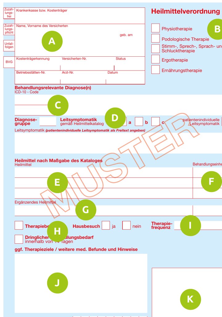 Heilmittelverordnung Muster 13 mit markierten Feldern A bis K